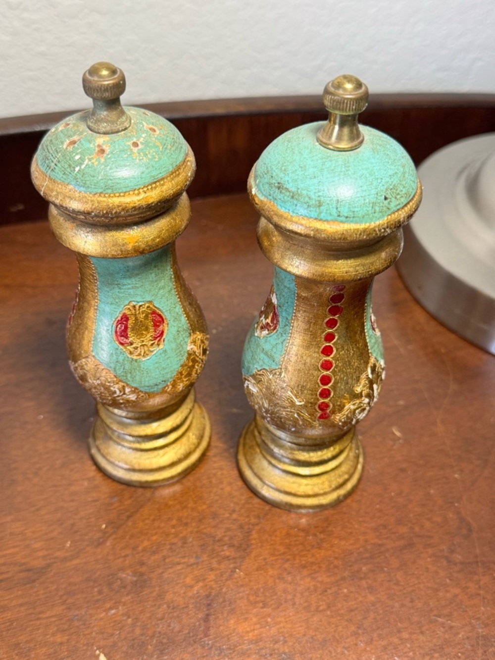 Vintage Florentine Teal Gold Gilt Pepper Mill & Salt Shaker Set- Italy - Picture 12 of 12